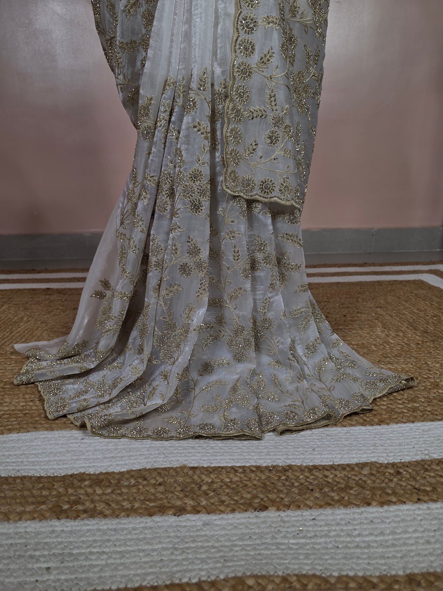 Ivory White Georgette Designer Saree with Scalloped Border & Swarovski Stone Work