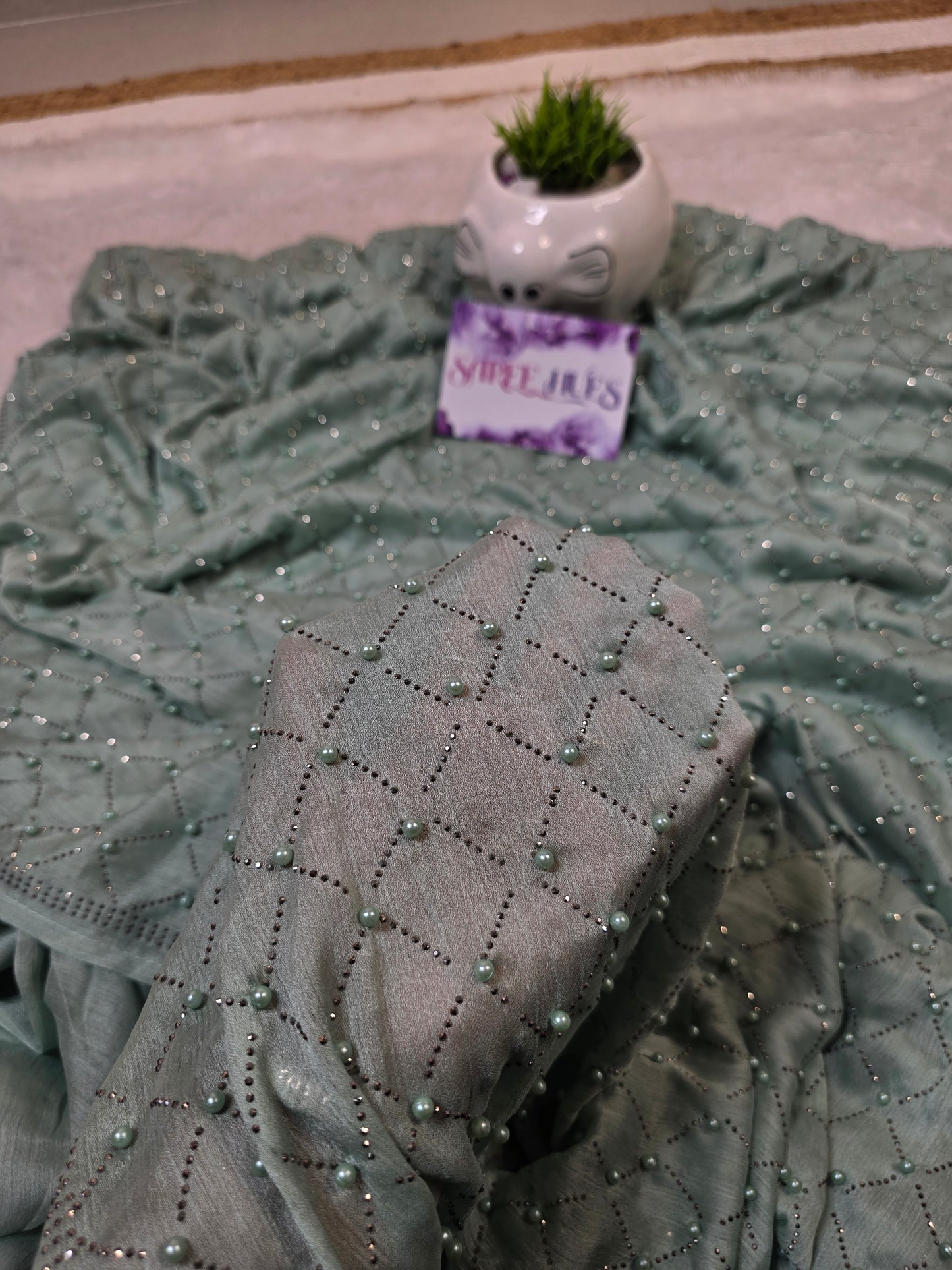 Ethereal Sage Green Shimmer Saree with Geometric Pearl & Stone Lattice Work