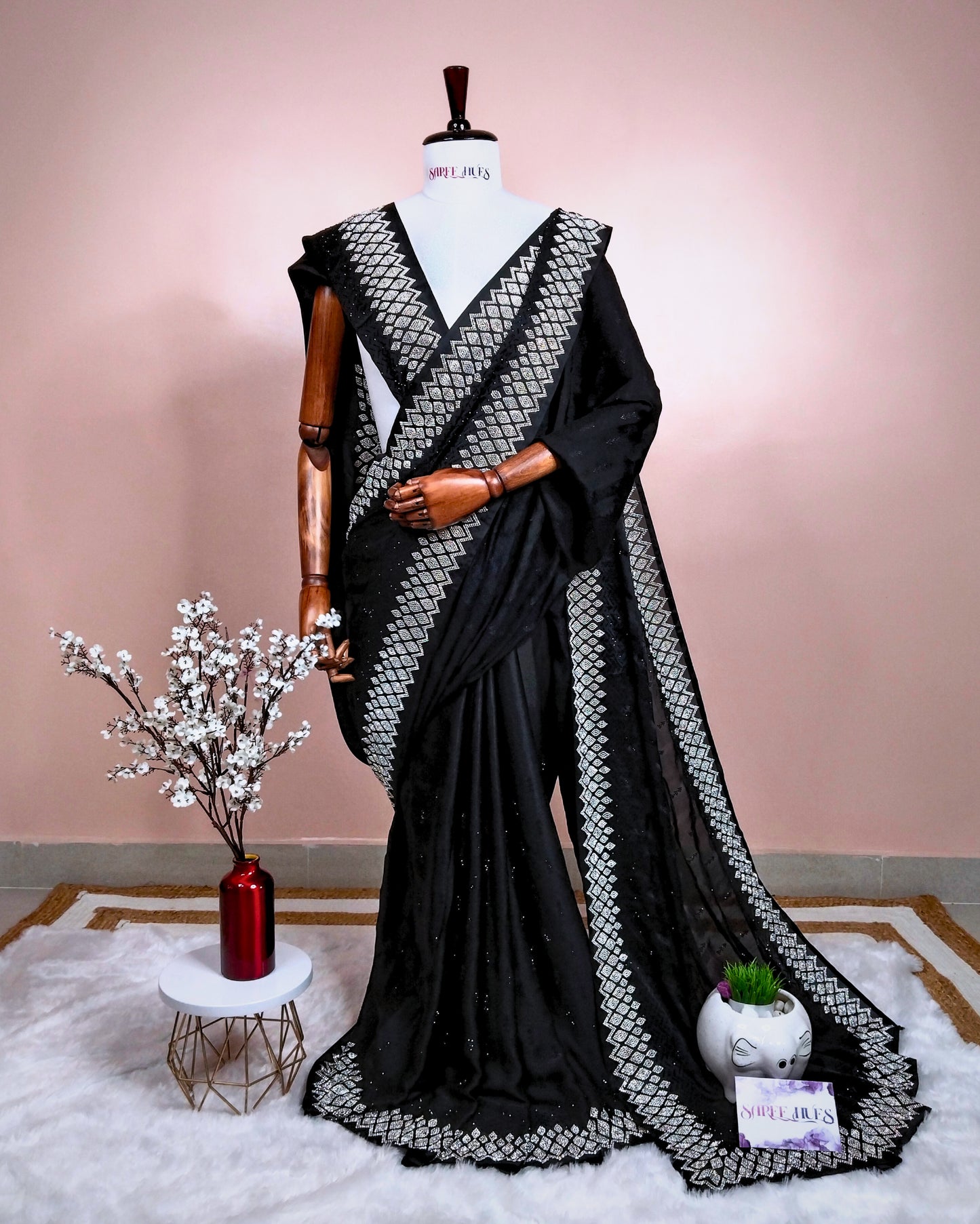 Jet Black|Premium Quality Soft Silk|Heavy Border Stonework|&Micro Stonework All Over Body