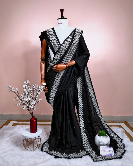 Jet Black|Premium Quality Soft Silk|Heavy Border Stonework|&Micro Stonework All Over Body