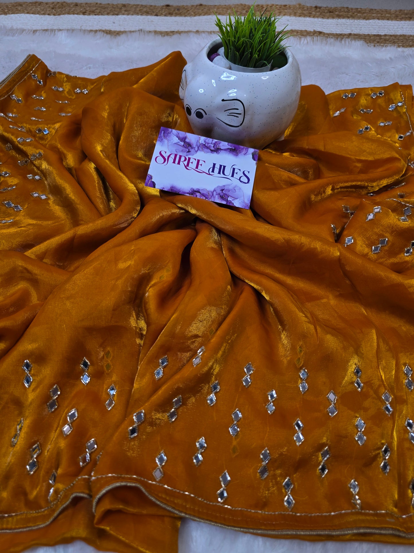 Deep Gold/Ochre tone shimmer original mirror work saree