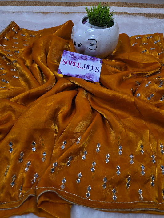 Deep Gold/Ochre tone shimmer original mirror work saree
