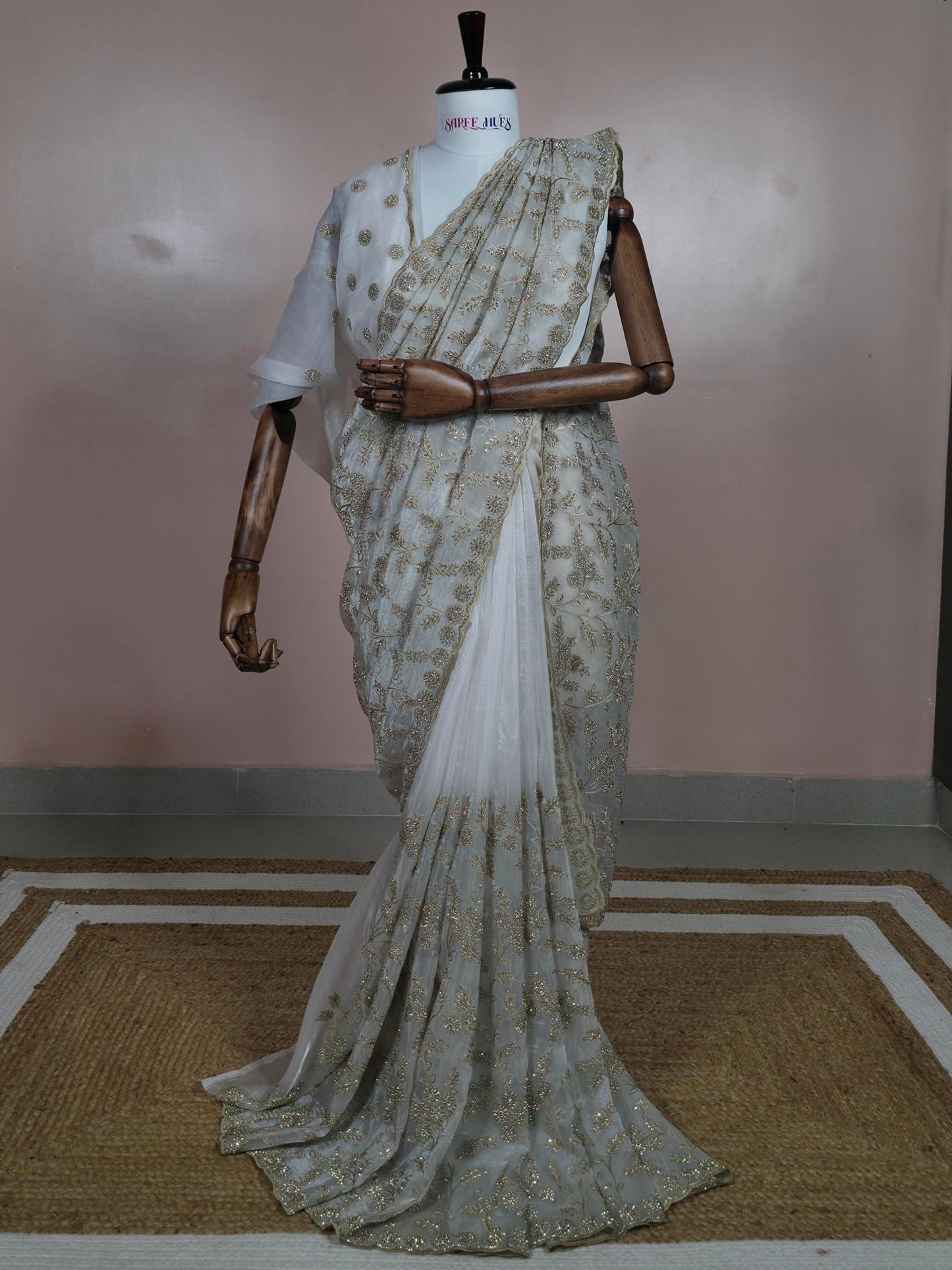 Ivory White Georgette Designer Saree with Scalloped Border & Swarovski Stone Work